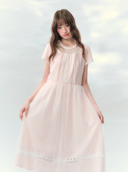 “Peach Bubble Romance” Pink Polka Dot Lace Midi Dress