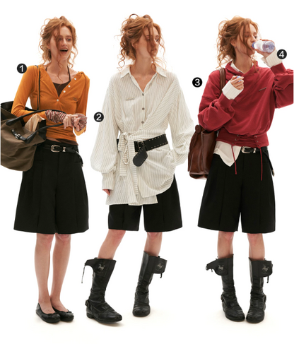 Tailored High-Waist Bermuda Suit Shorts (White / Black)