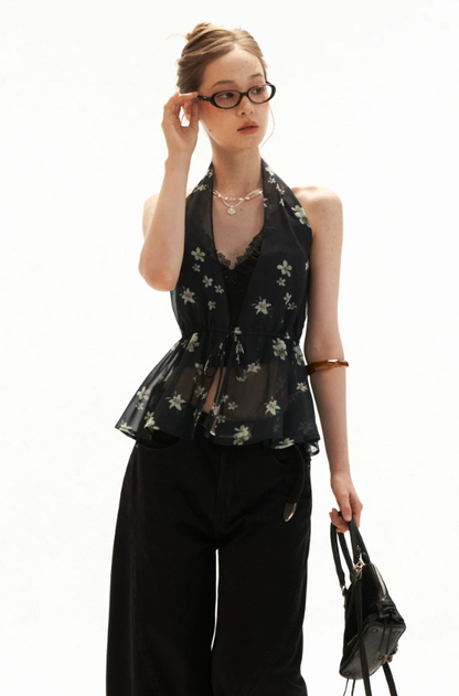 Black Vintage Floral Halter Cardigan Set