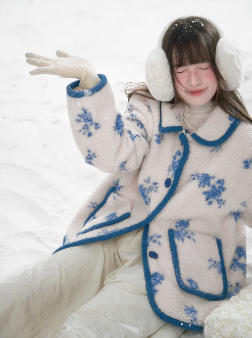 潘羅羅 - Blue Floral Imitation Lambswool Jacket