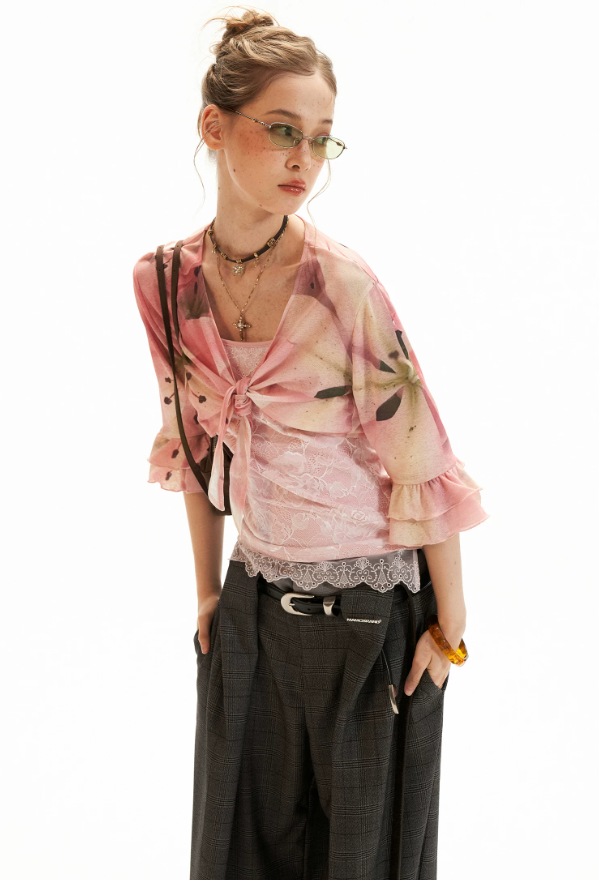 Floral Lace Trim Cami & Tie-Front Cardigan Set WE957