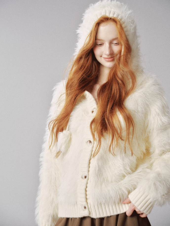 "毛绒雪怪" Beige Faux Fur Pom Knit Hoodie Cardigan