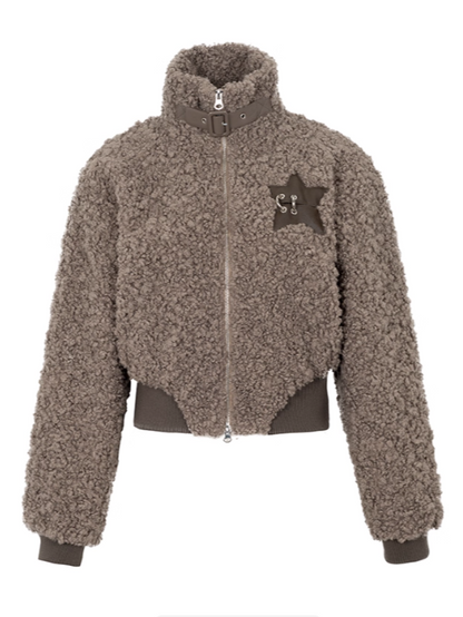 PCH - Brown Fleece Stand Collar Short Jacket
