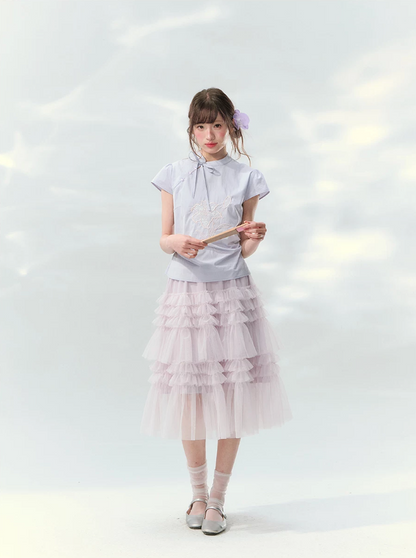 “Taro Peach Layers” Dusty Lilac Tiered Tulle Midi Skirt
