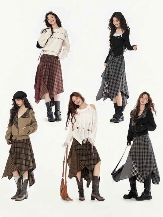 EPTISON - Plaid Irregular Patchwork Midi Skirt