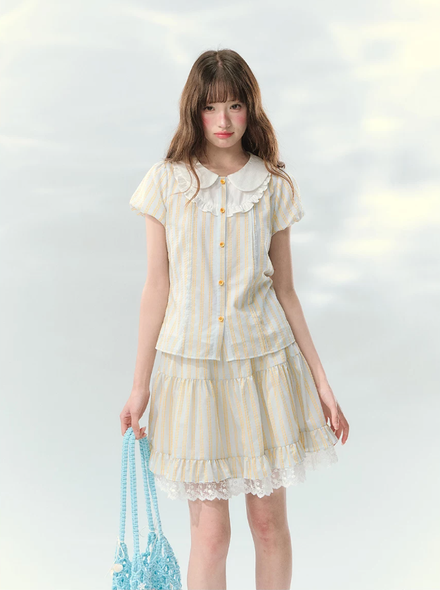 “Spring Lemon Breeze” Milk Blue Striped Shirt & Tiered Mini Skirt Set