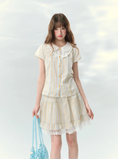 “Spring Lemon Breeze” Milk Blue Striped Shirt & Tiered Mini Skirt Set
