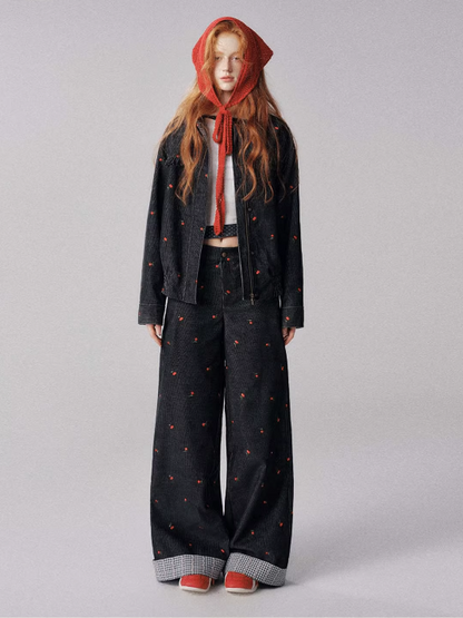 "浆果花园" Cherry Checkered Retro Jacket & Wide-Leg Pants Set