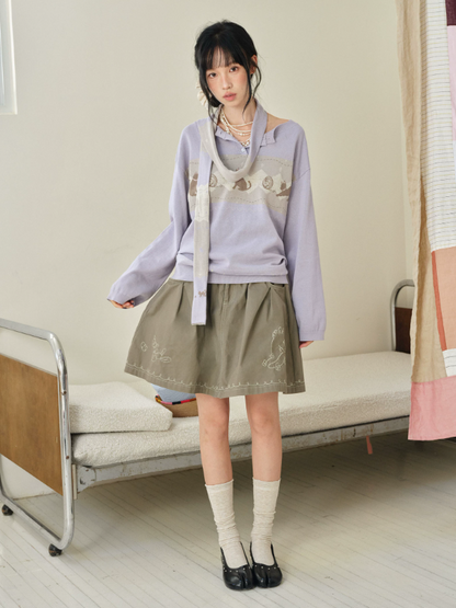 DAILY ARTIST - Taro Purple Cat & Yarn Ball Henley Knit Pullover (With Matching Scarf)