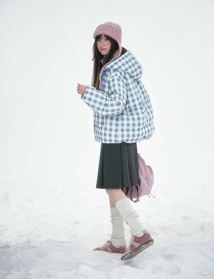 [CAN] Blue Plaid Reversible 90% White Duck Down Hooded Puffer Jacket