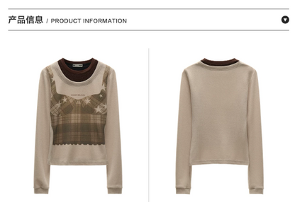 MAMC - Light Khaki Y2K Star Plaid Layered Knit Top