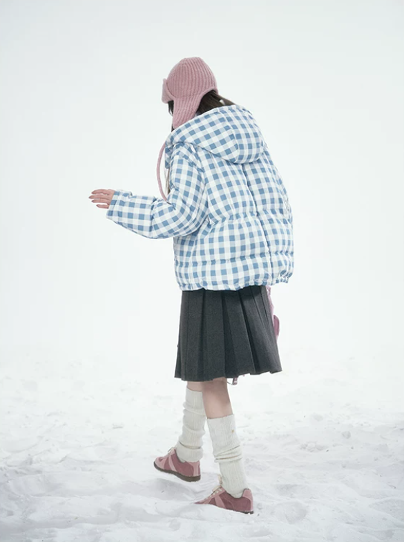[CAN] Blue Plaid Reversible 90% White Duck Down Hooded Puffer Jacket