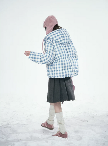 [CAN] Blue Plaid Reversible 90% White Duck Down Hooded Puffer Jacket