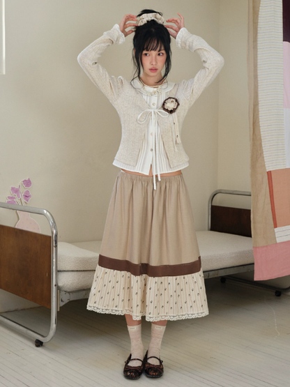 DAILY ARTIST - Warm Beige Faux-Layer Doll-Collar Tie Cardigan