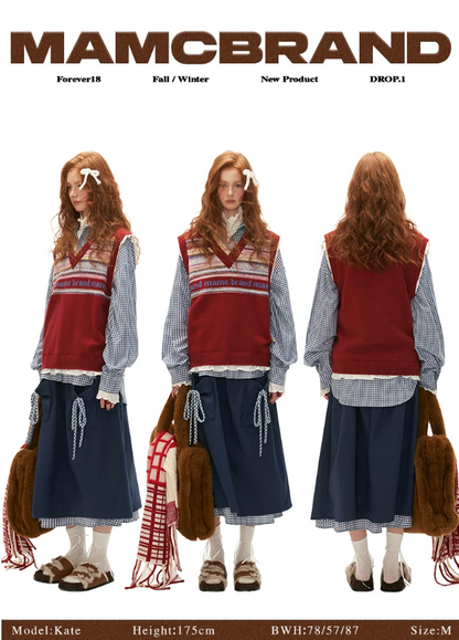 MAMC - Blue Plaid Layered Bow Midi Skirt