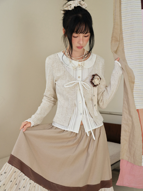 DAILY ARTIST - Warm Beige Faux-Layer Doll-Collar Tie Cardigan