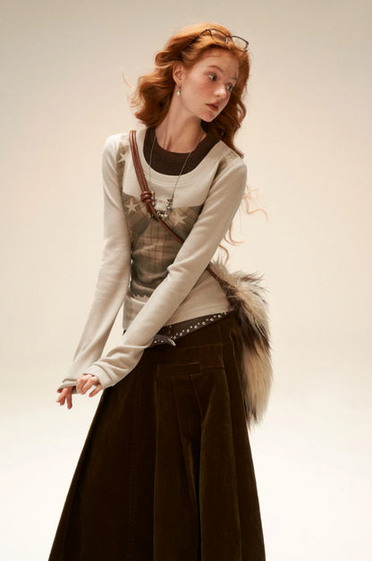 MAMC - Light Khaki Y2K Star Plaid Layered Knit Top