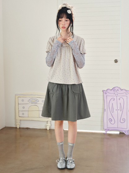 DAILY ARTIST - Lace-Trim Tuck-Pleat A-Line Skirt (White / Gray)