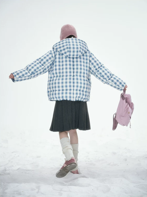 [CAN] Blue Plaid Reversible 90% White Duck Down Hooded Puffer Jacket