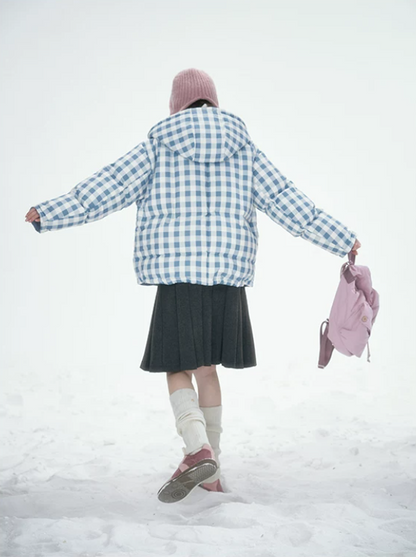 [CAN] Blue Plaid Reversible 90% White Duck Down Hooded Puffer Jacket