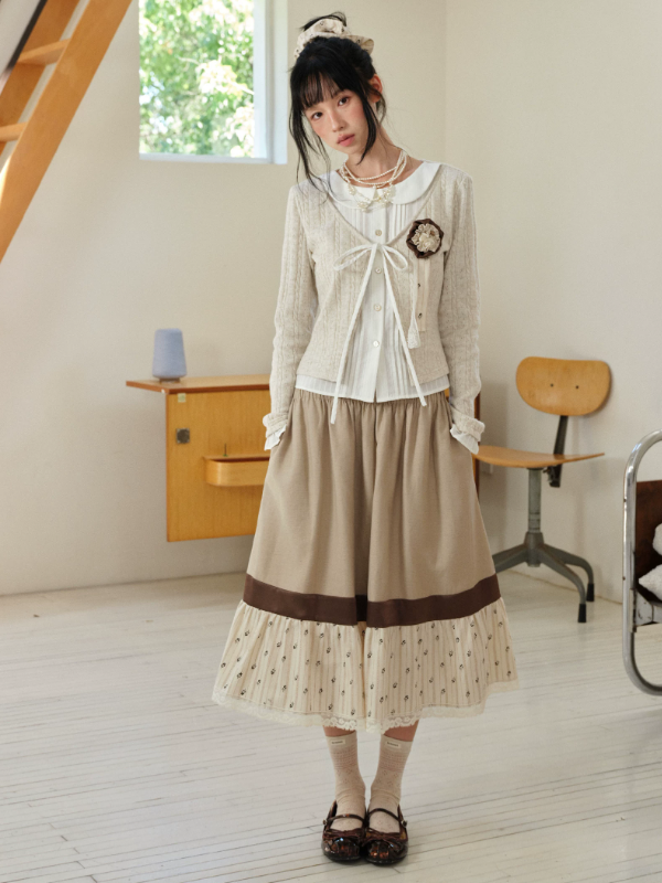DAILY ARTIST - Warm Beige Faux-Layer Doll-Collar Tie Cardigan