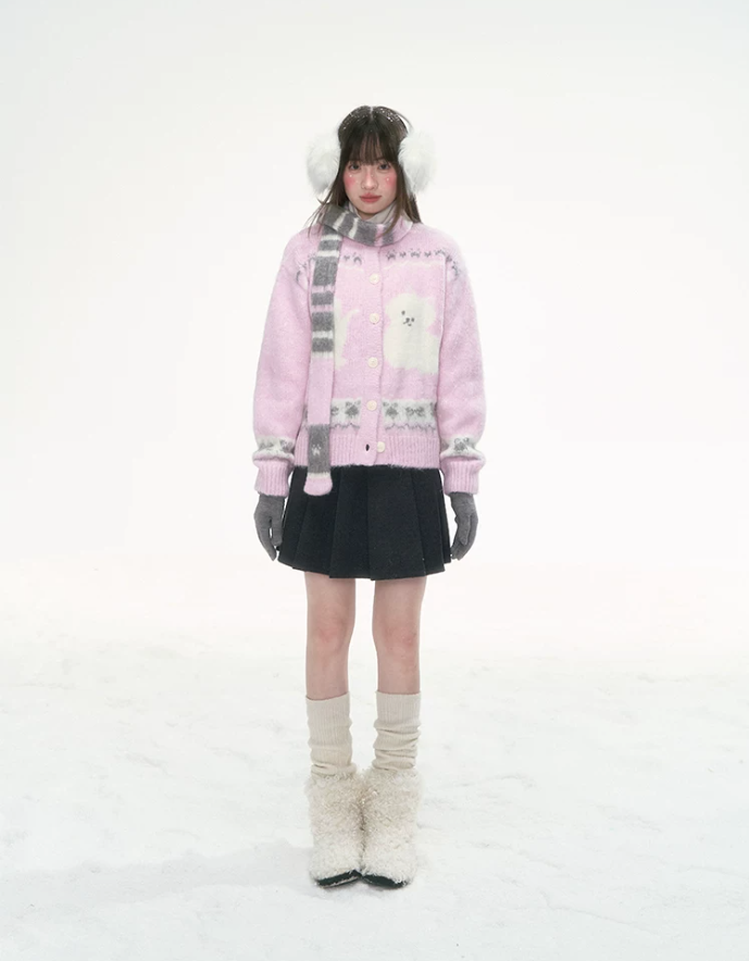 [CAN] Pink Cat Jacquard Knit Cardigan with Bow & Bell Details (With Coordinating Scarf)