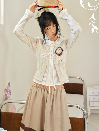 DAILY ARTIST - Warm Beige Faux-Layer Doll-Collar Tie Cardigan
