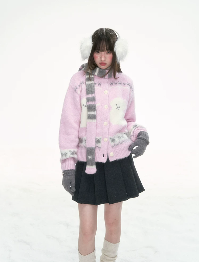 [CAN] Pink Cat Jacquard Knit Cardigan with Bow & Bell Details (With Coordinating Scarf)