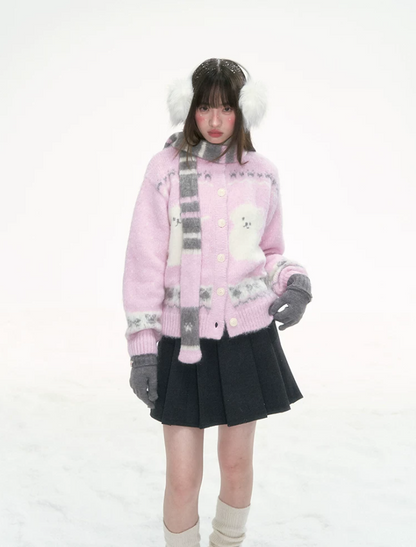 [CAN] Pink Cat Jacquard Knit Cardigan with Bow & Bell Details (With Coordinating Scarf)