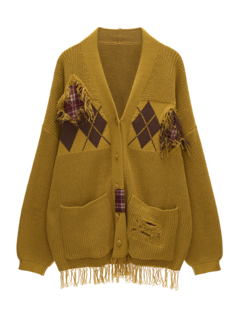 MAMC - Fringe-Appliqué Loose Knit Cardigan – Yellow WE811