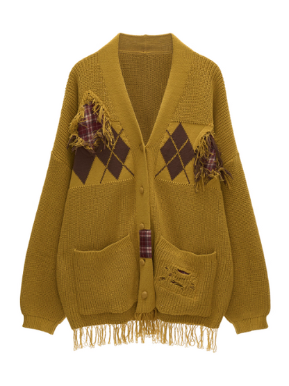MAMC - Fringe-Appliqué Loose Knit Cardigan – Yellow WE811