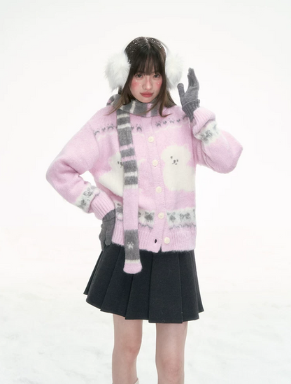 [CAN] Pink Cat Jacquard Knit Cardigan with Bow & Bell Details (With Coordinating Scarf)