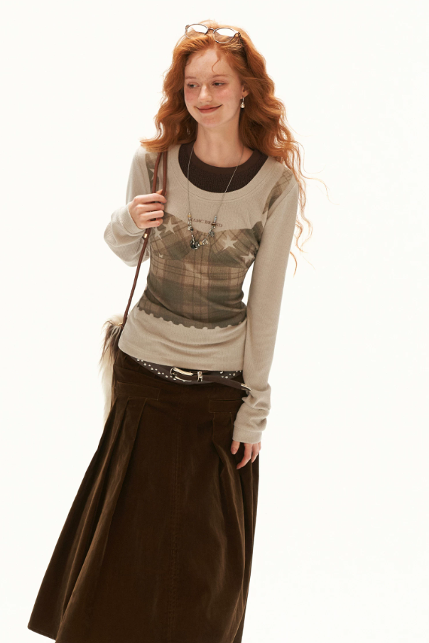 MAMC - Light Khaki Y2K Star Plaid Layered Knit Top