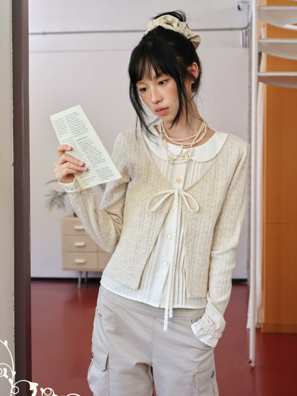 DAILY ARTIST - Warm Beige Faux-Layer Doll-Collar Tie Cardigan
