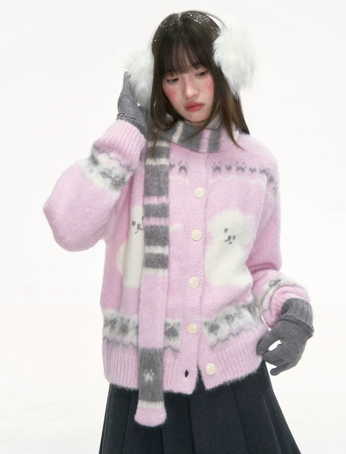 [CAN] Pink Cat Jacquard Knit Cardigan with Bow & Bell Details (With Coordinating Scarf)