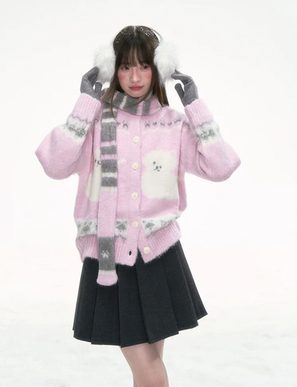 [CAN] Pink Cat Jacquard Knit Cardigan with Bow & Bell Details (With Coordinating Scarf)