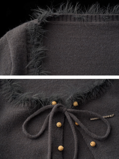 MAMC - Cropped Fuzzy-Trim Knit Cardigan