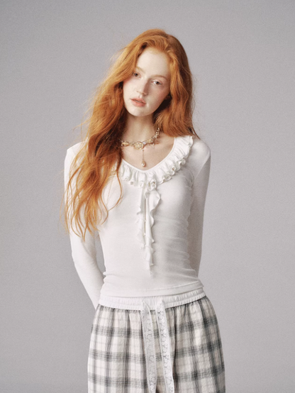 "氧气银河" V-Neck Ruffle Long-Sleeve Knit Top (Classic White)
