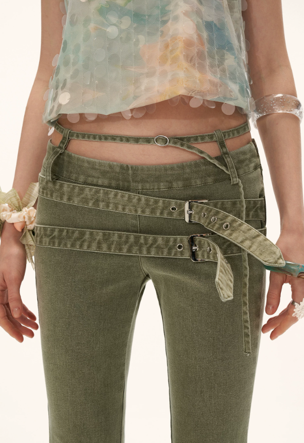 Vintage Multi-Belt Flared Jeans - Olive Green WE938
