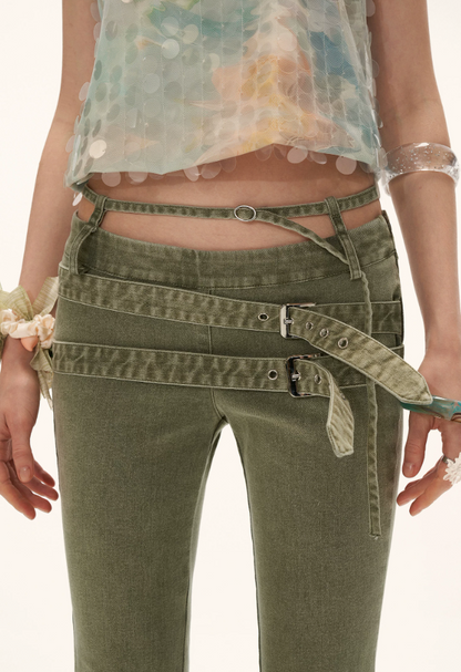 Vintage Multi-Belt Flared Jeans - Olive Green WE938
