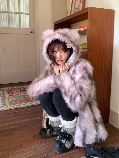 阮阮自制 - "Sweet Beauty Mark" Ombre Faux Fur Hooded Puffer Jacket