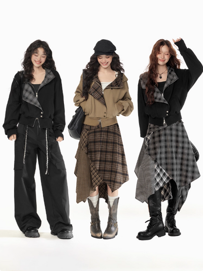 EPTISON - Y2K Plaid Patchwork Hooded Jacket
