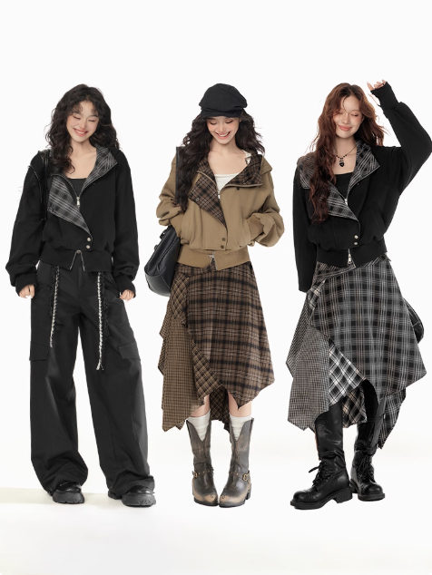 EPTISON - Y2K Plaid Patchwork Hooded Jacket