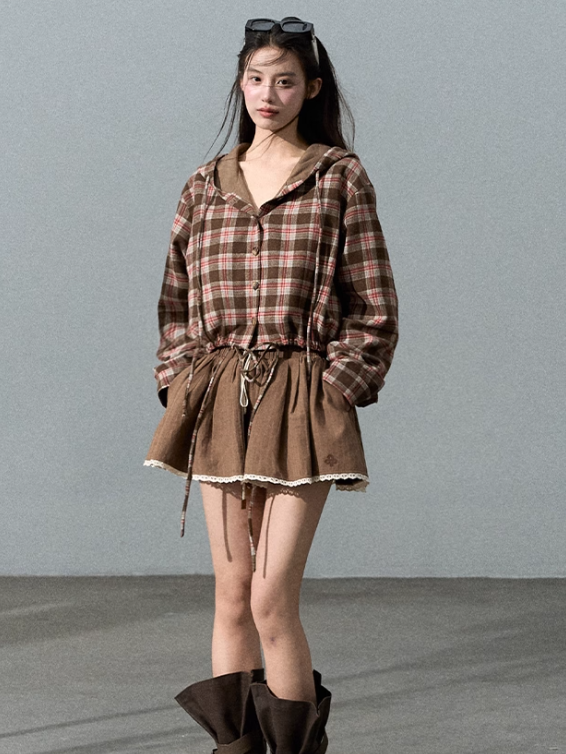 OAKMOO - Wool Textured Plaid Hooded Short Jacket – Coffee Quartz Brown 25Q423