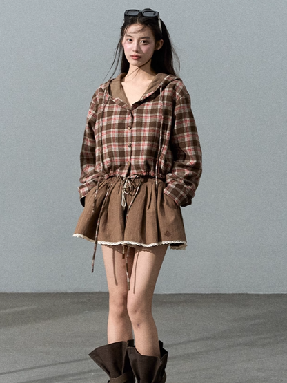 OAKMOO - Wool Textured Plaid Hooded Short Jacket – Coffee Quartz Brown 25Q423