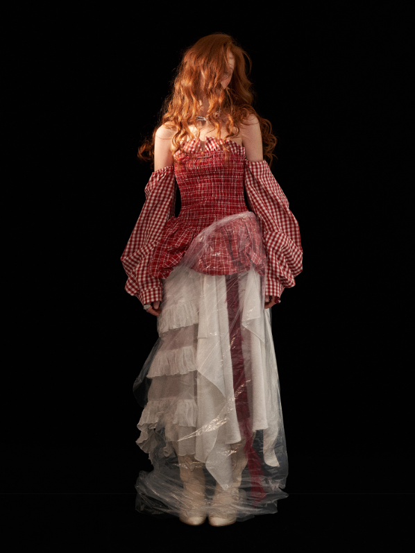 Off-Shoulder Peplum Top WE726 (Red Gingham)