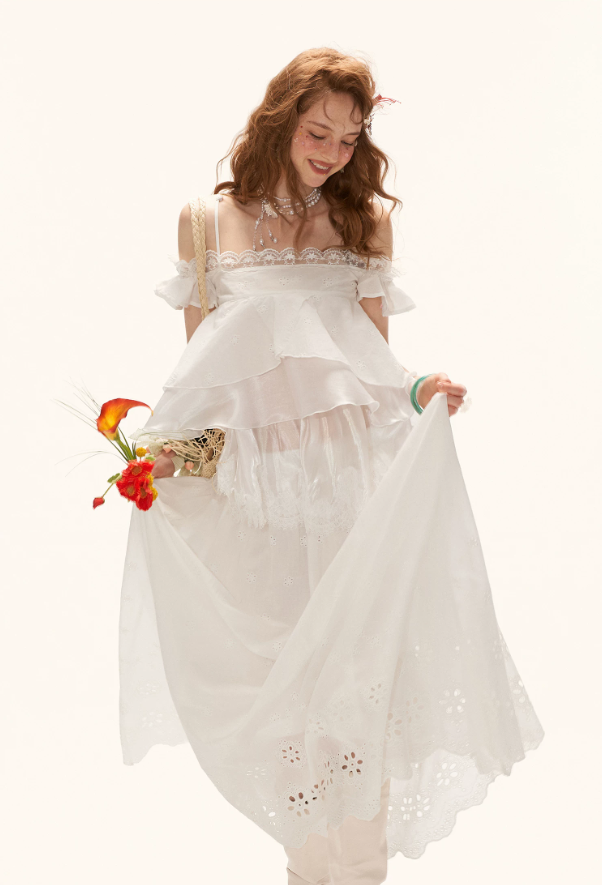 White Lace Ruffle Cami & Eyelet Maxi Skirt Set  WE991