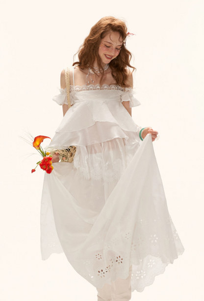 White Lace Ruffle Cami & Eyelet Maxi Skirt Set  WE991