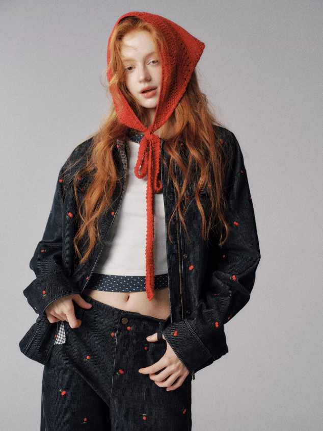 "浆果花园" Cherry Checkered Retro Jacket & Wide-Leg Pants Set