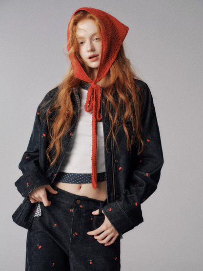 "浆果花园" Cherry Checkered Retro Jacket & Wide-Leg Pants Set